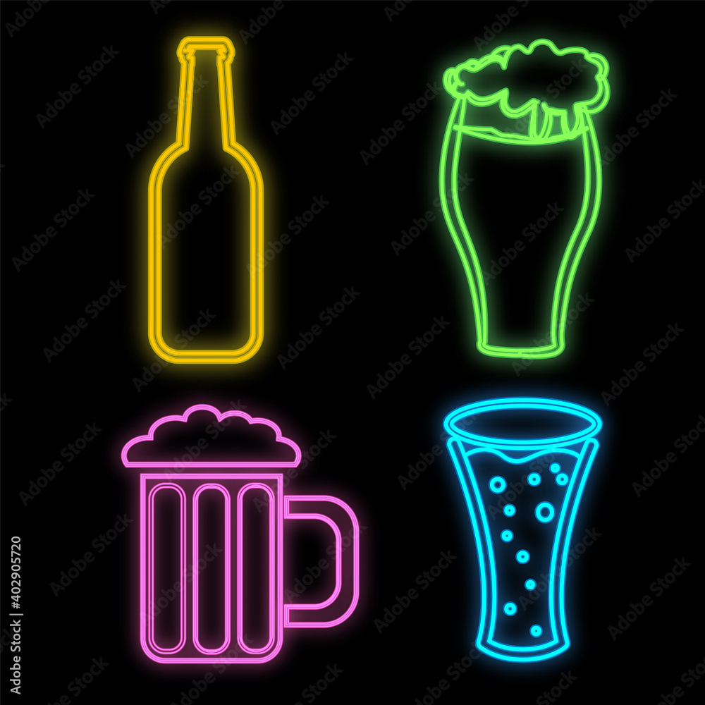Set of bright luminous multi-colored neon signs for a cafe bar restaurant beautiful shiny with beer bottles and mugs on a black background. illustration Set of bright luminous multi-colored neon signs for a cafe bar restaurant beautiful shiny with beer bottles and mugs on a black background. illustration