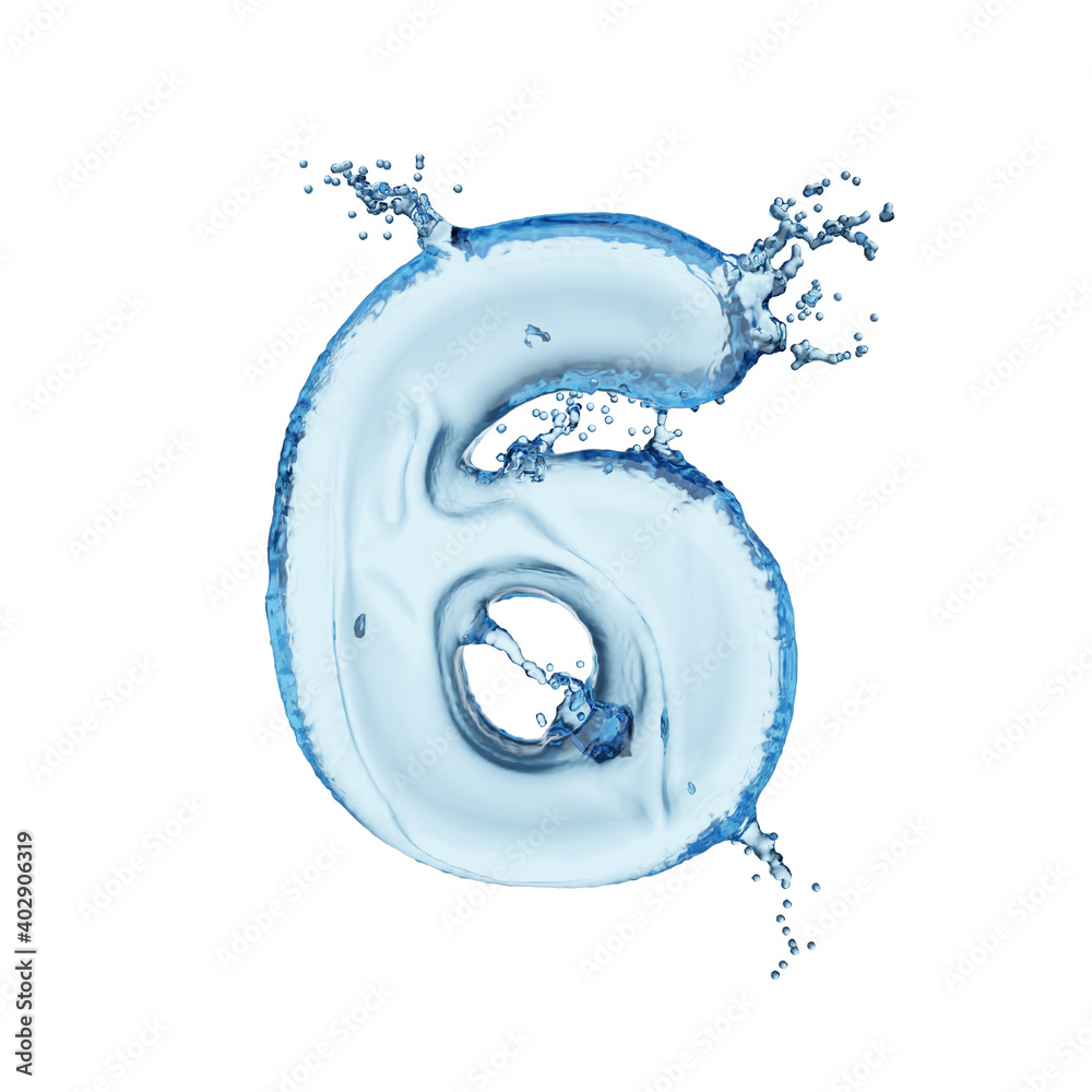 Digit 6 water splash alphabet isolated on white. 3D rendering illustration. Digit 6 water splash alphabet isolated on white. 3D rendering illustration.