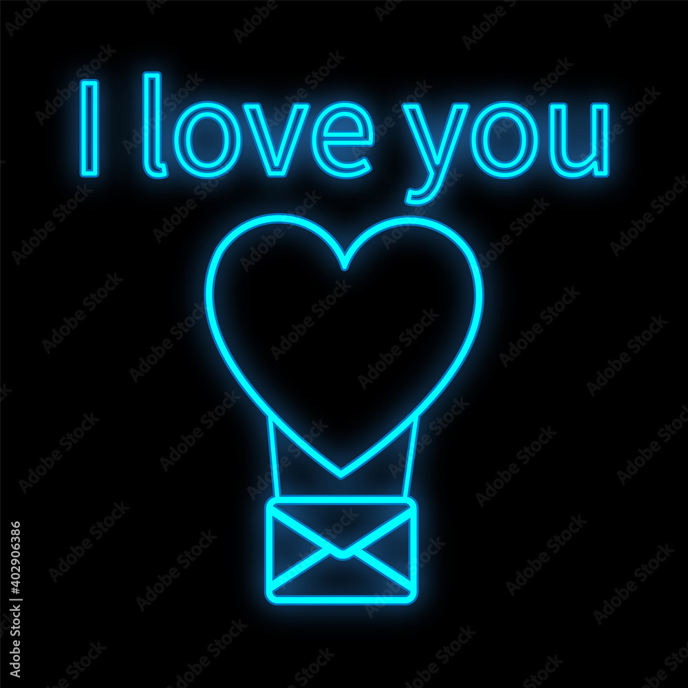 Bright luminous blue festive digital neon sign for a shop or workshop service center beautiful shiny with a love envelope in a heart-shaped balloon on a black background. illustration