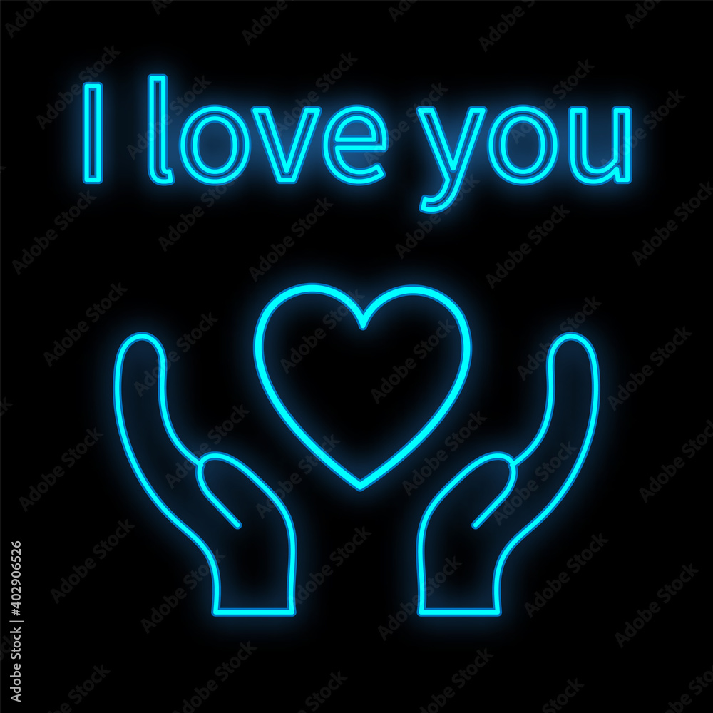 Bright luminous blue festive digital neon sign for a store or card beautiful shiny with love hands with a heart and the inscription I love you on a black background. illustration Bright luminous blue festive digital neon sign for a store or card beautiful shiny with love hands with a heart and the inscription I love you on a black background. illustration