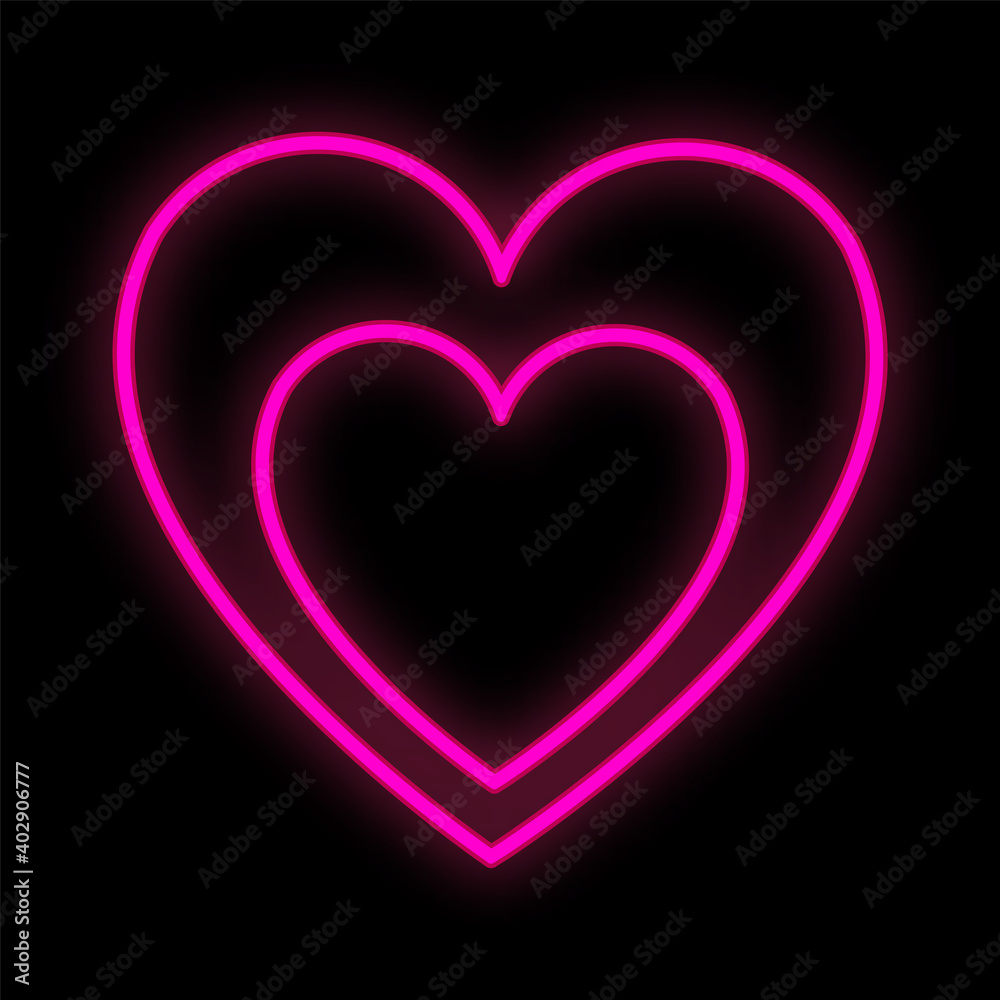 Bright luminous purple festive digital digital neon sign for a store or card beautiful shiny with love hearts on a black background. illustration