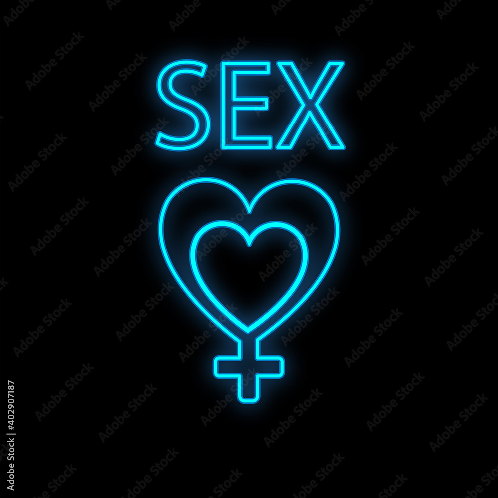 Bright luminous blue festive digital neon sign for a store or card beautiful shiny with love hearts in the form of a female symbol with the inscription sex on a black background. illustration Bright luminous blue festive digital neon sign for a store or card beautiful shiny with love hearts in the form of a female symbol with the inscription sex on a black background. illustration