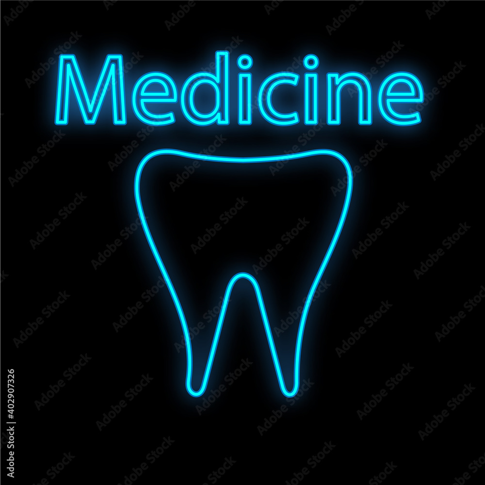Obraz premium Bright luminous blue medical digital neon sign for a pharmacy or hospital store beautiful shiny with a dental tooth and the inscription medicine on a black background. illustration