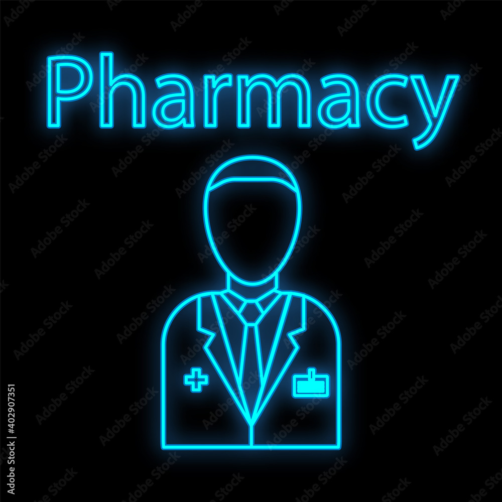 Bright luminous blue medical digital neon sign for a pharmacy or hospital store beautiful shiny with a doctor and the inscription medicine on a black background. illustration Bright luminous blue medical digital neon sign for a pharmacy or hospital store beautiful shiny with a doctor and the inscription medicine on a black background. illustration