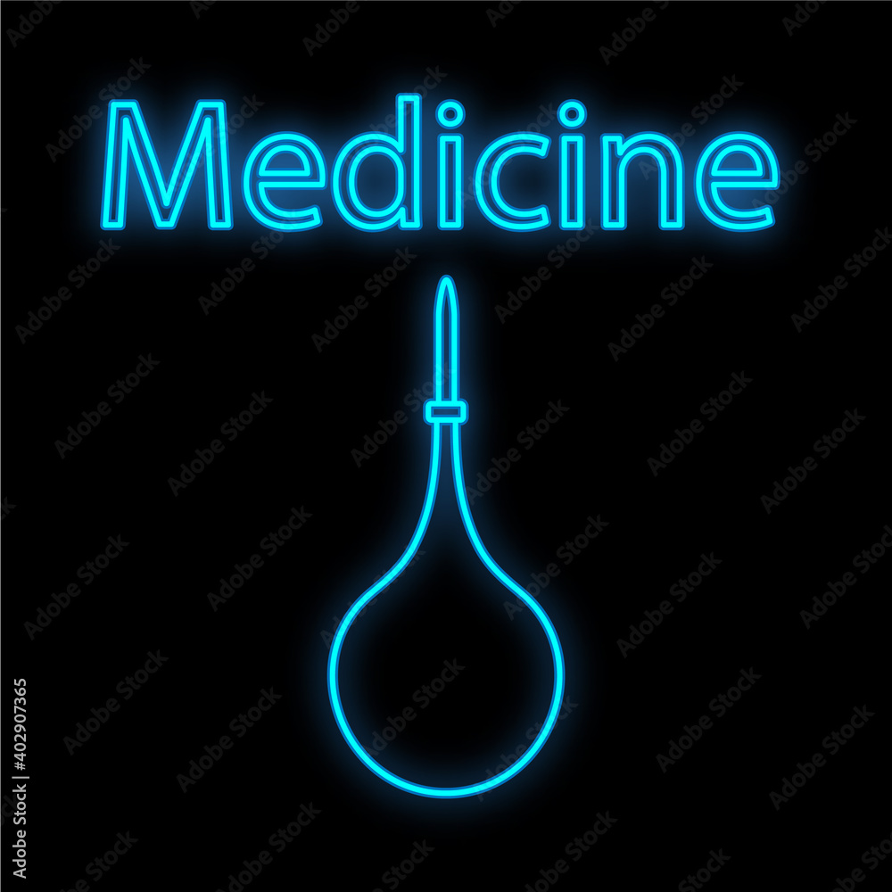 Bright luminous blue medical digital neon sign for a pharmacy or hospital store beautiful shiny with an enema and the inscription medicine on a black background. illustration