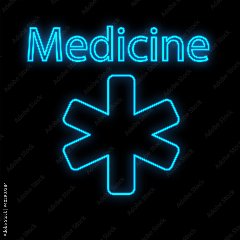 Fototapeta premium Bright luminous blue medical digital neon sign for a pharmacy or hospital store beautiful shiny with an ambulance sign and the inscription medicine on a black background. illustration
