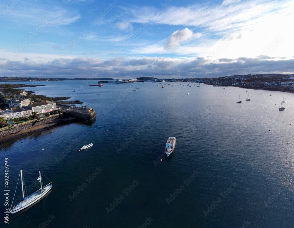 Falmouth harbour with boats aerial drone photography cornwall England uk 