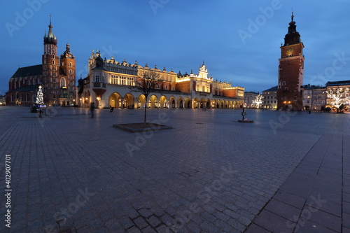 Cityscape of empty, dried of people, tourists, Krakow old town, Main Market Square in the evening, Poland