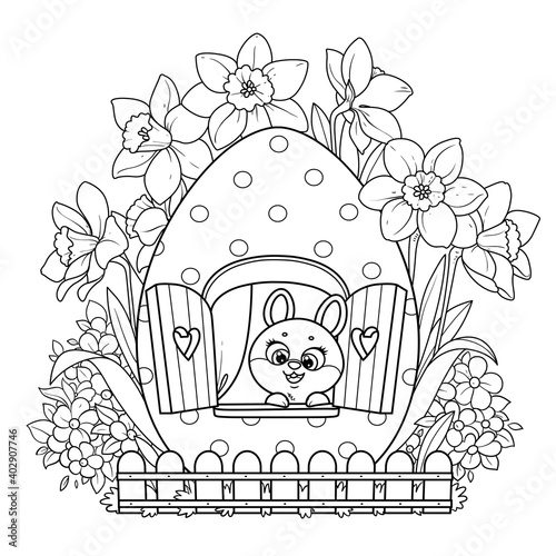 Cute cartoon little rabbit looks out the window in an Easter egg house surrounded by flowers outlined on white background