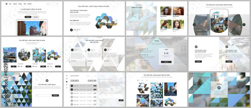 Vector templates for website design, presentations, portfolio. Templates with triangles, triangular pattern for presentation slides, flyer, leaflet, brochure cover. Backgrounds with place for photo.