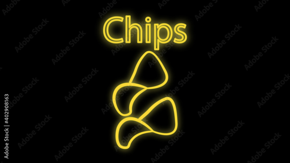 Chips packet neon sign. Glowing illustration of green packet with potato chips on dark blue brick background. Can be used for store, shops, supermarkets, advertisement