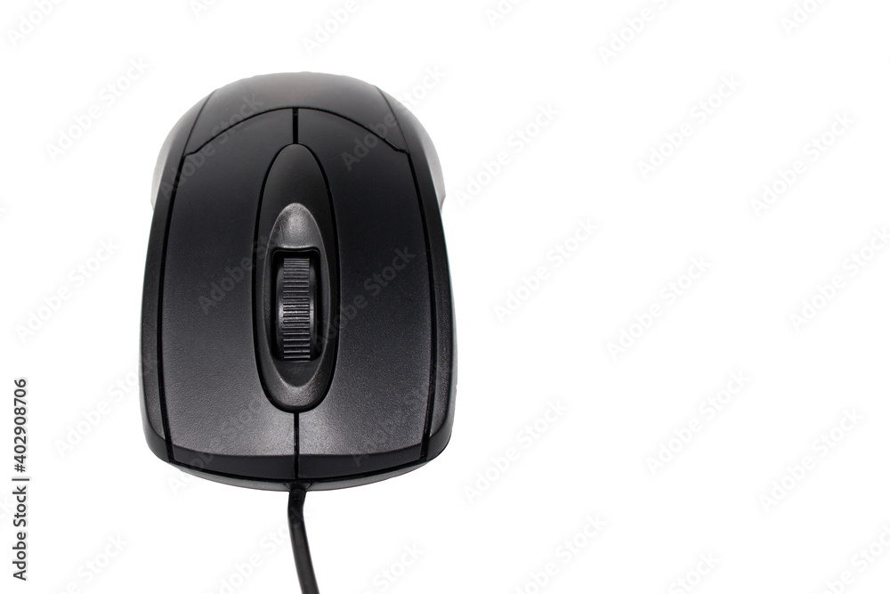The black wired usb computer mouse is edited on a white background With a place for text. The black wired usb computer mouse is edited on a white background With a place for text.