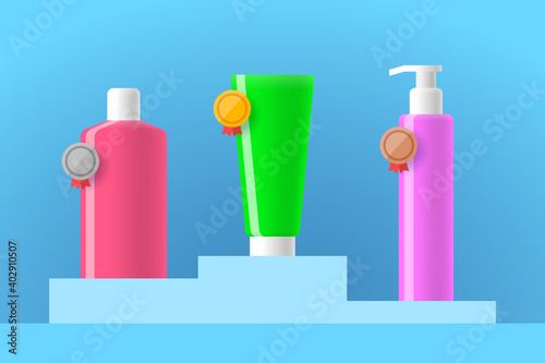 Cosmetic products are placed on the podium and awarded medals