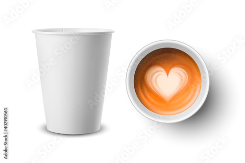 Vector 3d Realistic Paper, Plastic White Disposable Coffee Cup with Milk Coffee, Heart Pattern Set Isolated. Capuccino, Latte. Vector illustration. Design Template for Mockup. Top, Front View