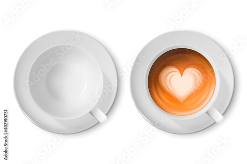 Vector 3d Realistic White Porcelain Ceramic Mug. Milk Coffee, Foam, Heart Pattern Set Isolated on White. Capuccino, Latte. Stock Vector Illustration. Design Template, Mockup. Front, Top View