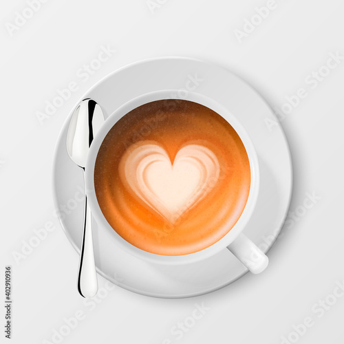 Vector 3d Realistic White Porcelain Ceramic Mug, Milk Coffee, Foam, Heart Pattern. Steel Silver Spoon, Saucer Isolated. Capuccino, Latte. Design Template for Mockup. Top View