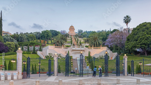 Terraces of the Bahai Faith, the Hanging Gardens of Haifa, are garden terraces around the Shrine of the Bab on Mount Carmel in Haifa photo
