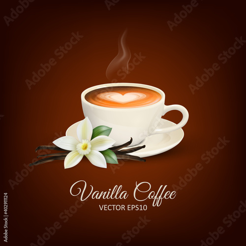 Vector 3d Realistic White Porcelain Ceramic Mug, Hot Milk Coffee, Foam, Heart Pattern and Smoke. Vanilla Flower. Capuccino, Latte. Stock Vector Illustration. Design Template