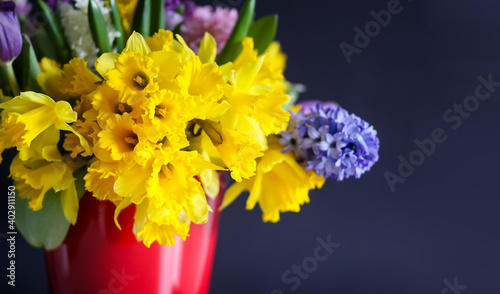 Bright bouquet of spring flowers. Narcisus, hyacinth and tulips close up.