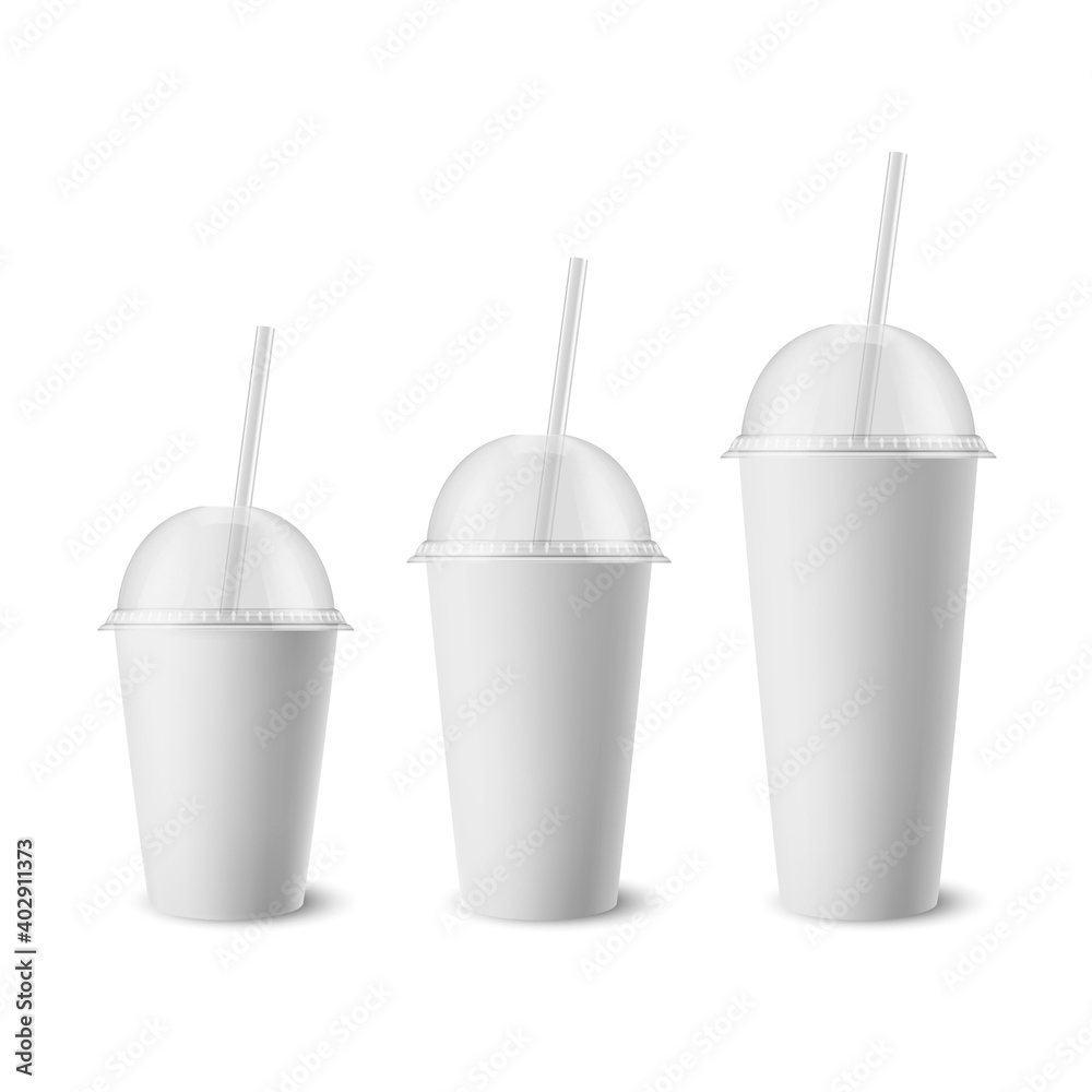 Vector 3d Realistic White Paper Disposable Cup Set with Lid, Straw for Beverage, Drinks Isolated. Coffee, Soda, Tea, Cocktail, Milkshake, Juice. Design Template of Packaging for Mockup. Front View Vector 3d Realistic White Paper Disposable Cup Set with Lid, Straw for Beverage, Drinks Isolated. Coffee, Soda, Tea, Cocktail, Milkshake, Juice. Design Template of Packaging for Mockup. Front View