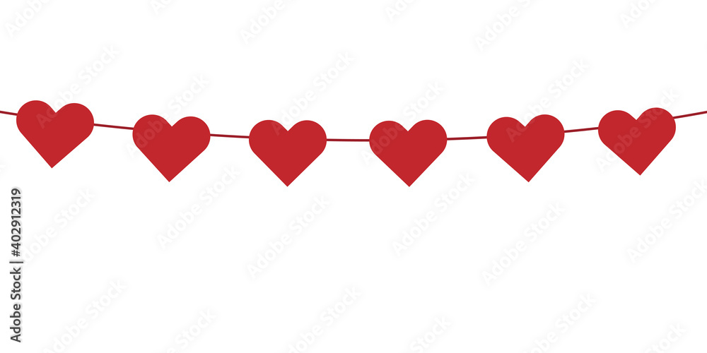 red hearts hang on red thread in flat style