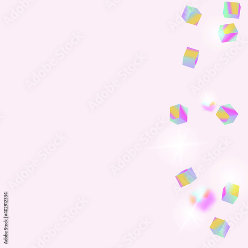 Holo Confetti. Isolated Holographic Cube Particles. Birthday Card with Metallic Texture. Geometric Anniversary Card. Vector Square Bokeh. Iridescent Background. Chaotic Confetti Backdrop. Foil Border.