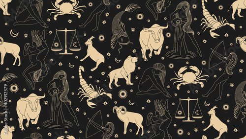 Seamless pattern - signs of the zodiac. Gold illustration of astrological signs on a dark background. Magical illustrations of women and animals in the blooming sky.