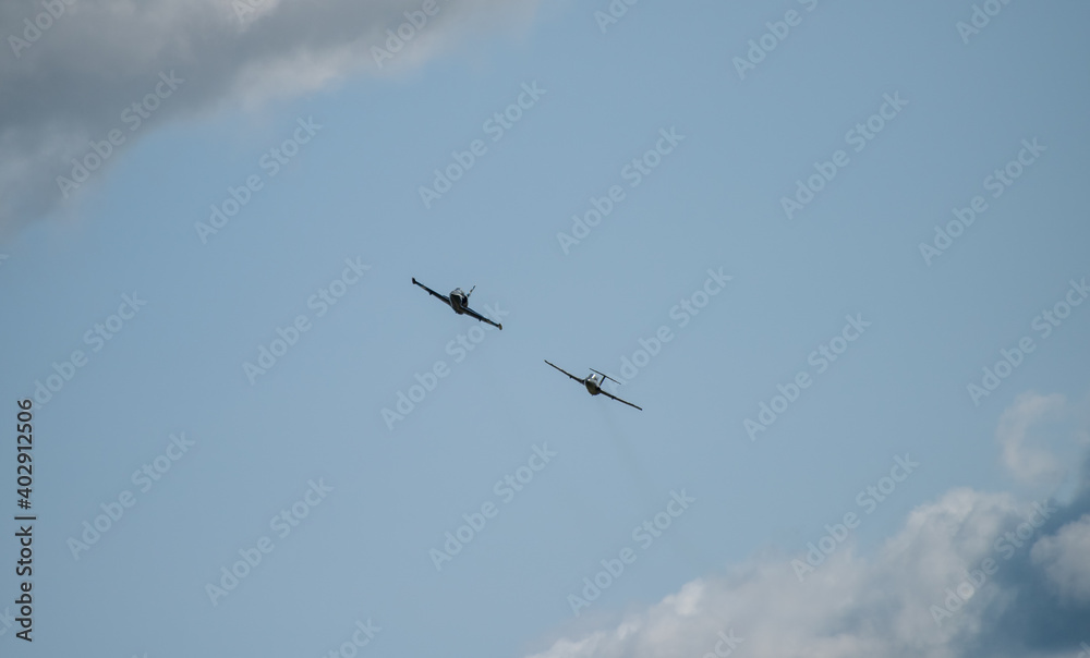 September 12, 2020, Kaluga region, Russia. Training aircraft Aero L-39 Albatros and Aero L-29 Delfin perform a training flight at the Oreshkovo airfield.