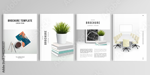 Realistic vector layouts of cover mockup design templates in A4 format for brochure, cover design, flyer, book design, magazine, poster. Home office concept, study or freelance, working from home.