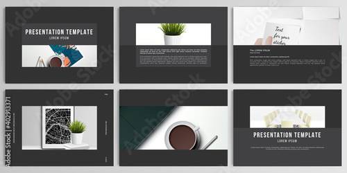 Vector layouts of presentation design templates for brochure, cover design, flyer, book design, magazine, poster. Home office concept, study or freelance, working from home.