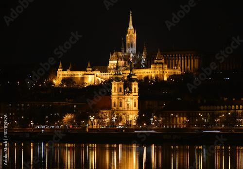 Night Budapest, Fisherman's Bastion, the reflection of night lights on the water