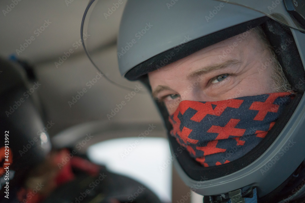 Portrait of skydiver wearing mask in airplane Portrait of skydiver wearing mask in airplane