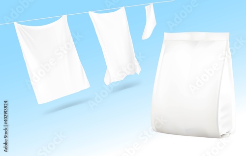 Quad seal package mockup with clothes in the wind on a rope. Vector illustration. Best solution for presentation your brand, design, promo and etc. EPS10.	
