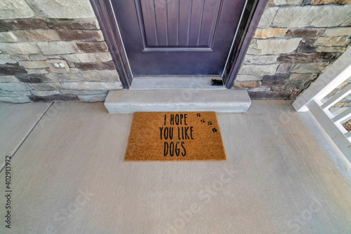 Obraz na plátně I hope you like dogs doormat at the doorstep of home with gray front door