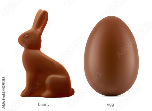 Chocolate easter bunny with egg isolated on white background. Vector illustration. EPS10.