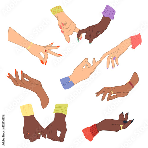 Set of young people hands isolated background. Lovers hand group with raised arm for celebration valentines day or friend community concept. Flat cartoon illustration of men and women arms.