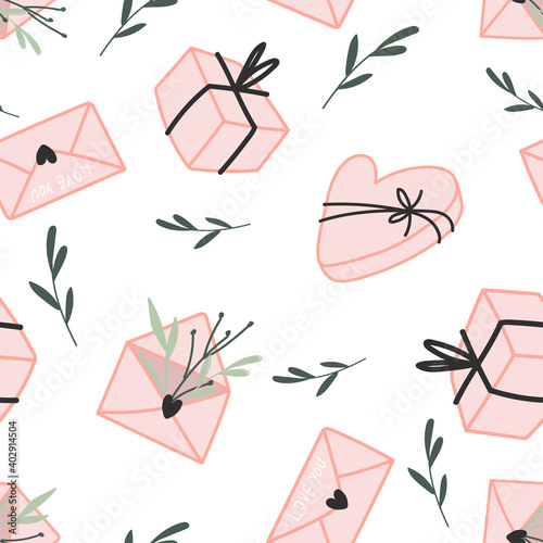 Seamless vector pattern with gift boxes, love letters envelopes and candies heart box. Hand drawn doodle minimalistic valentines day background