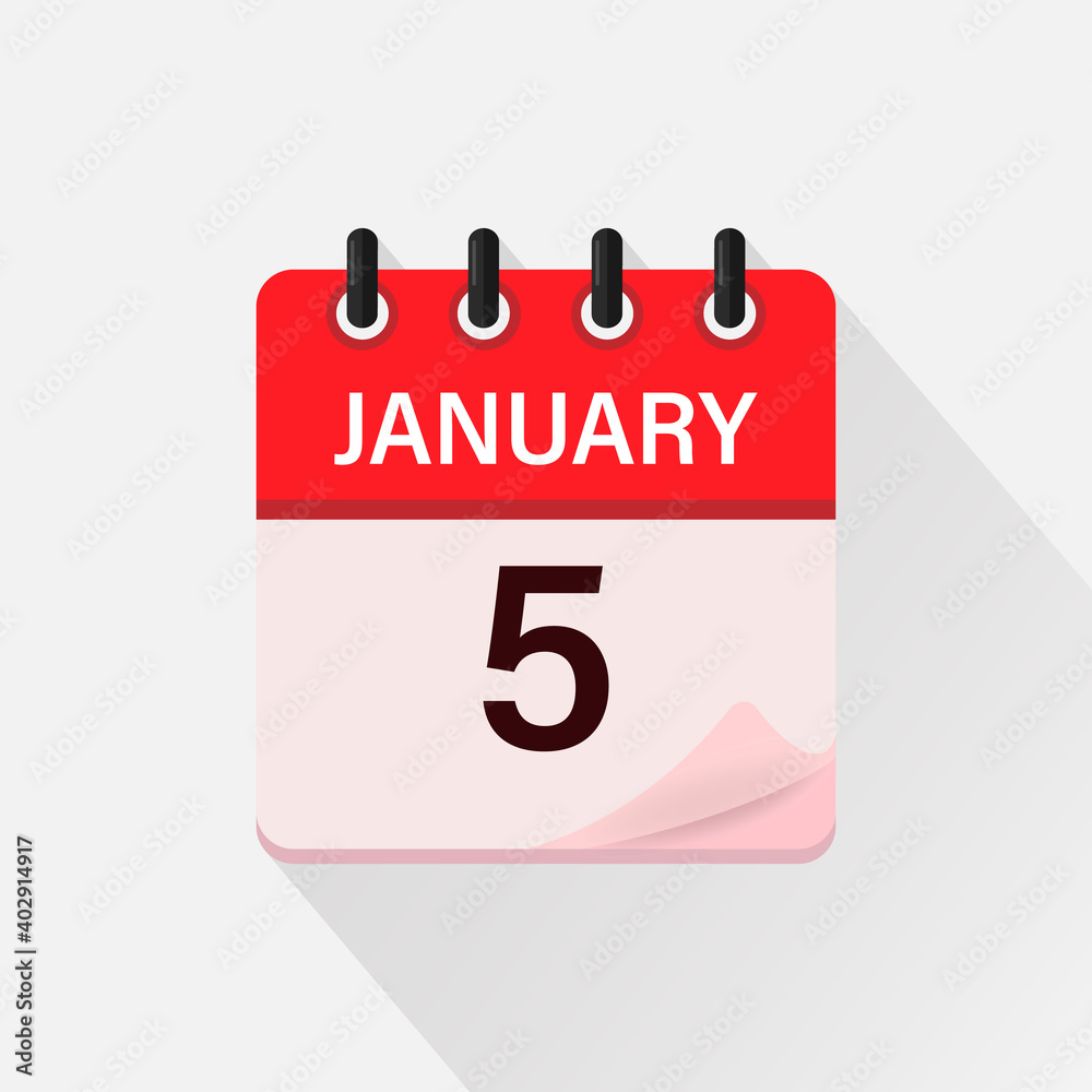January 5, Calendar icon with shadow. Day, month. Flat vector illustration. January 5, Calendar icon with shadow. Day, month. Flat vector illustration.