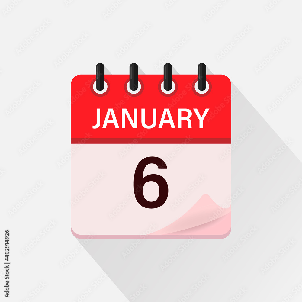 6 January. Calendar icon with shadow. Day, month. Flat vector illustration. 6 January. Calendar icon with shadow. Day, month. Flat vector illustration.