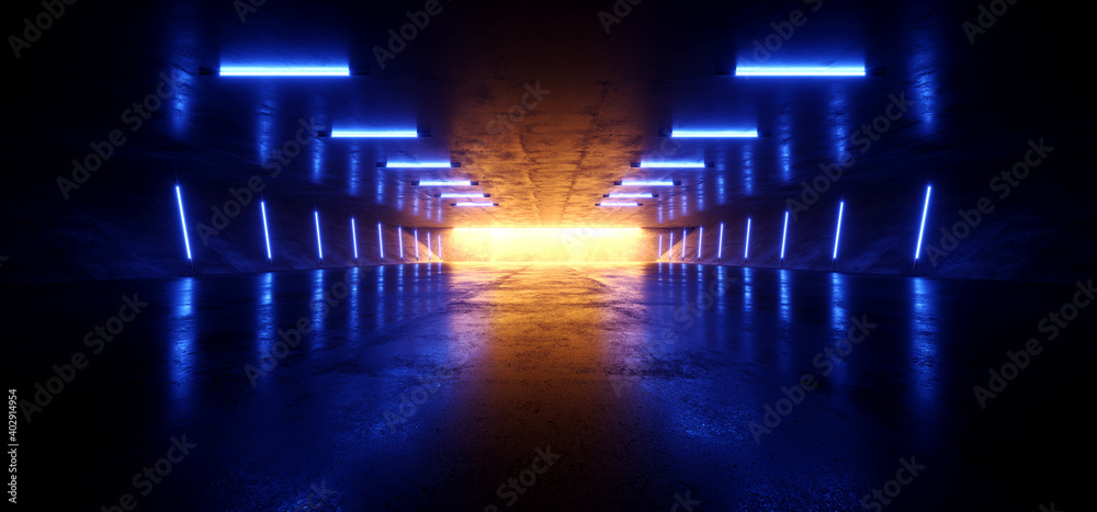 Neon Sci Fi Futuristic Neon Fluorescent Blue Orange Tube Lights Glowing Cyber Tunnel Corridor Grunge Glossy Concrete Cement Room Studio Showcase Laser Electric Dark Background 3D Rendering