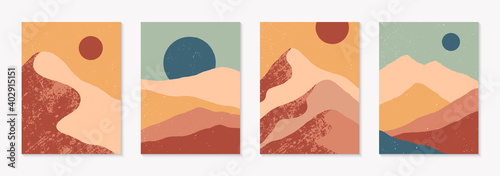 Set of creative abstract mountain landscape backgrounds.Mid century modern vector illustrations with mountains or desert dunes; sky, sun or moon.Trendy contemporary design.Futuristic wall art decor.