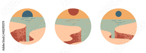 Set of creative abstract rocky mountain landscape round icons.Mid century modern vector illustration with hand drawn cliffed coast,sky and sun.Trendy templates for stories.Futuristic abstract design