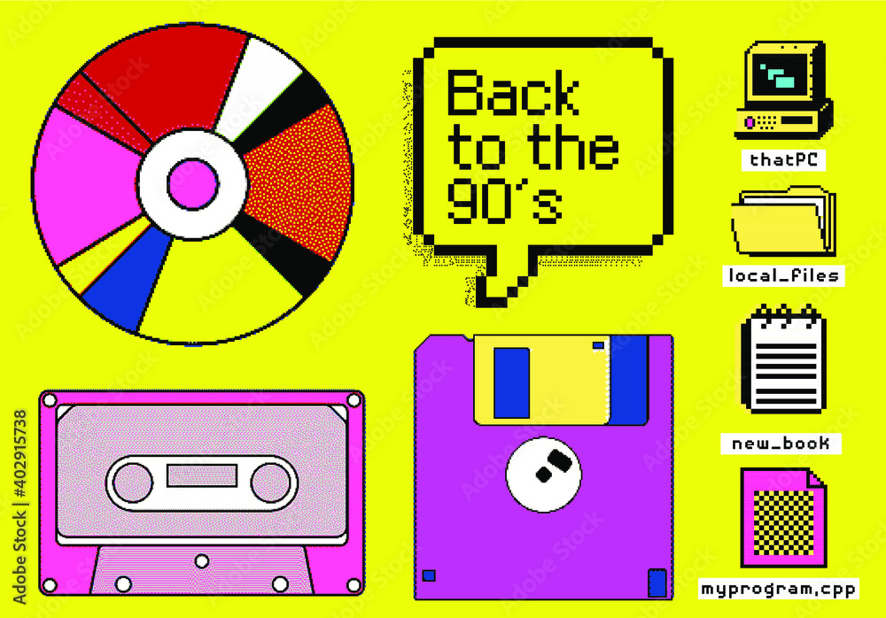 Set of clipart elements with retro obsolete things: floppy disk, user interface icons, etc. Trendy modern fashion patch or sticker set in pixel art style like in old arcade video games of the 80s.