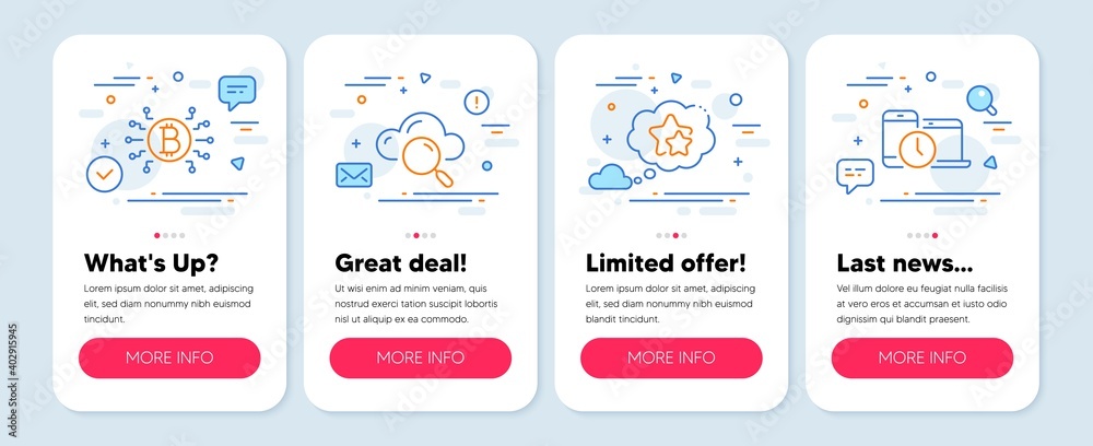 Set of Business icons, such as Bitcoin system, Cloud computing, Ranking stars symbols. Mobile screen banners. Time management line icons. Cryptocurrency scheme, Search data, Winner award. Vector
