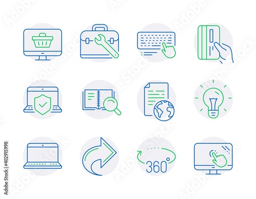 Technology icons set. Included icon as Idea, 360 degrees, Notebook signs. Tool case, Internet document, Payment card symbols. Computer keyboard, Share, Laptop insurance. Web shop. Vector