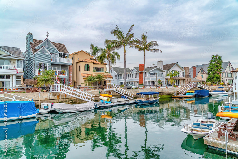 Stylish neighborhood with waterfront homes along canal in Long Beach California