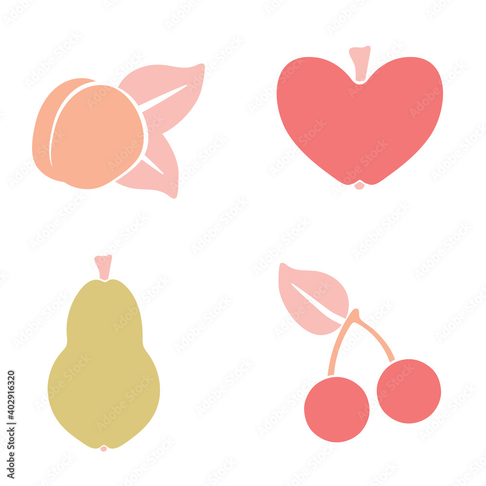 Simple fruit vector flat illustrations. Set with peach, apple, pear, and cherries.