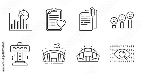 Arena, Customer satisfaction and Artificial intelligence line icons set. Attraction, Report timer and Patient history signs. Arena stadium, Document attachment symbols. Quality line icons. Vector
