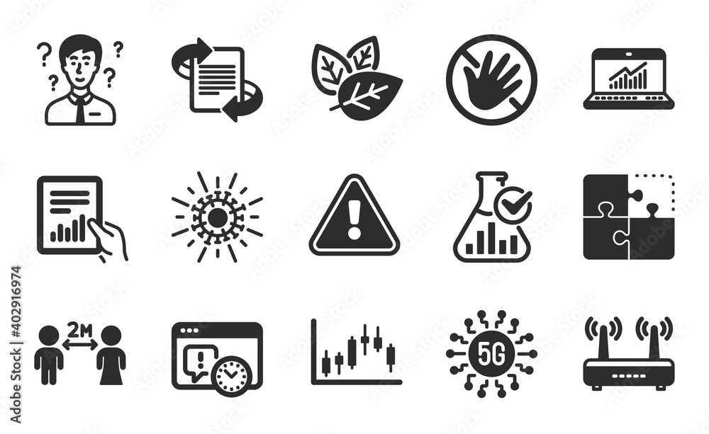 Candlestick graph, Coronavirus and Document icons simple set. Project deadline, Chemistry lab and Puzzle signs. Online statistics, Organic tested and Social distancing symbols. Flat icons set. Vector Candlestick graph, Coronavirus and Document icons simple set. Project deadline, Chemistry lab and Puzzle signs. Online statistics, Organic tested and Social distancing symbols. Flat icons set. Vector