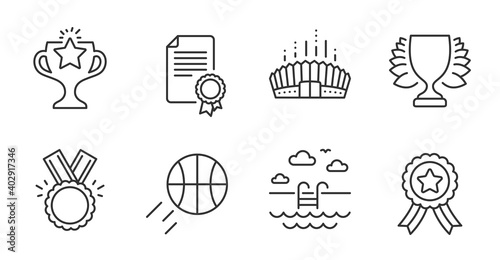 Winner ribbon, Basketball and Winner line icons set. Arena stadium, Certificate and Honor signs. Victory, Swimming pool symbols. Best award, Sport ball, Sports achievement. Sports set. Vector